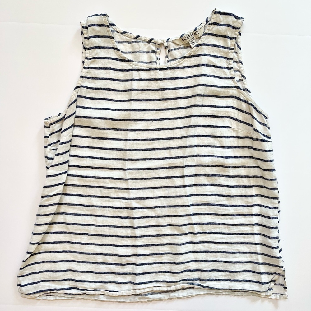 Ellen Tracy 100% Linen Sleeveless Top Navy White Sripe